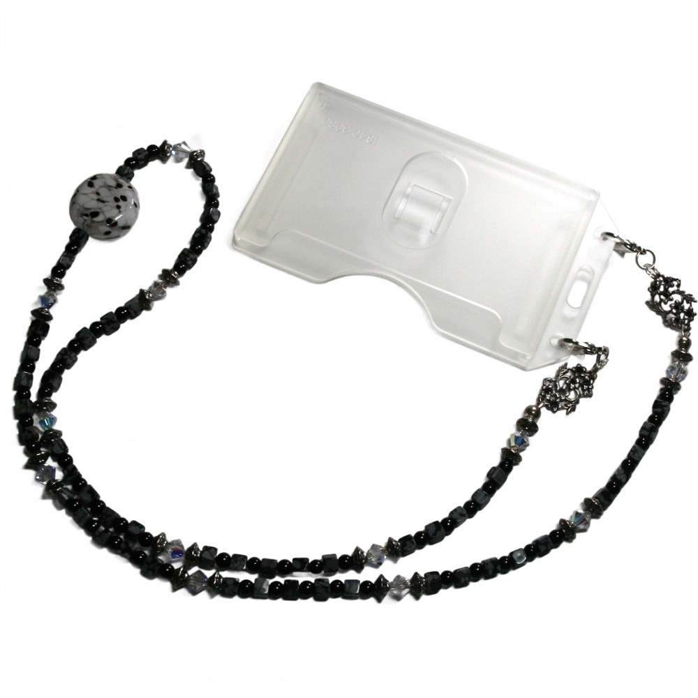 Beaded Lanyard/ID Holder Obsidion